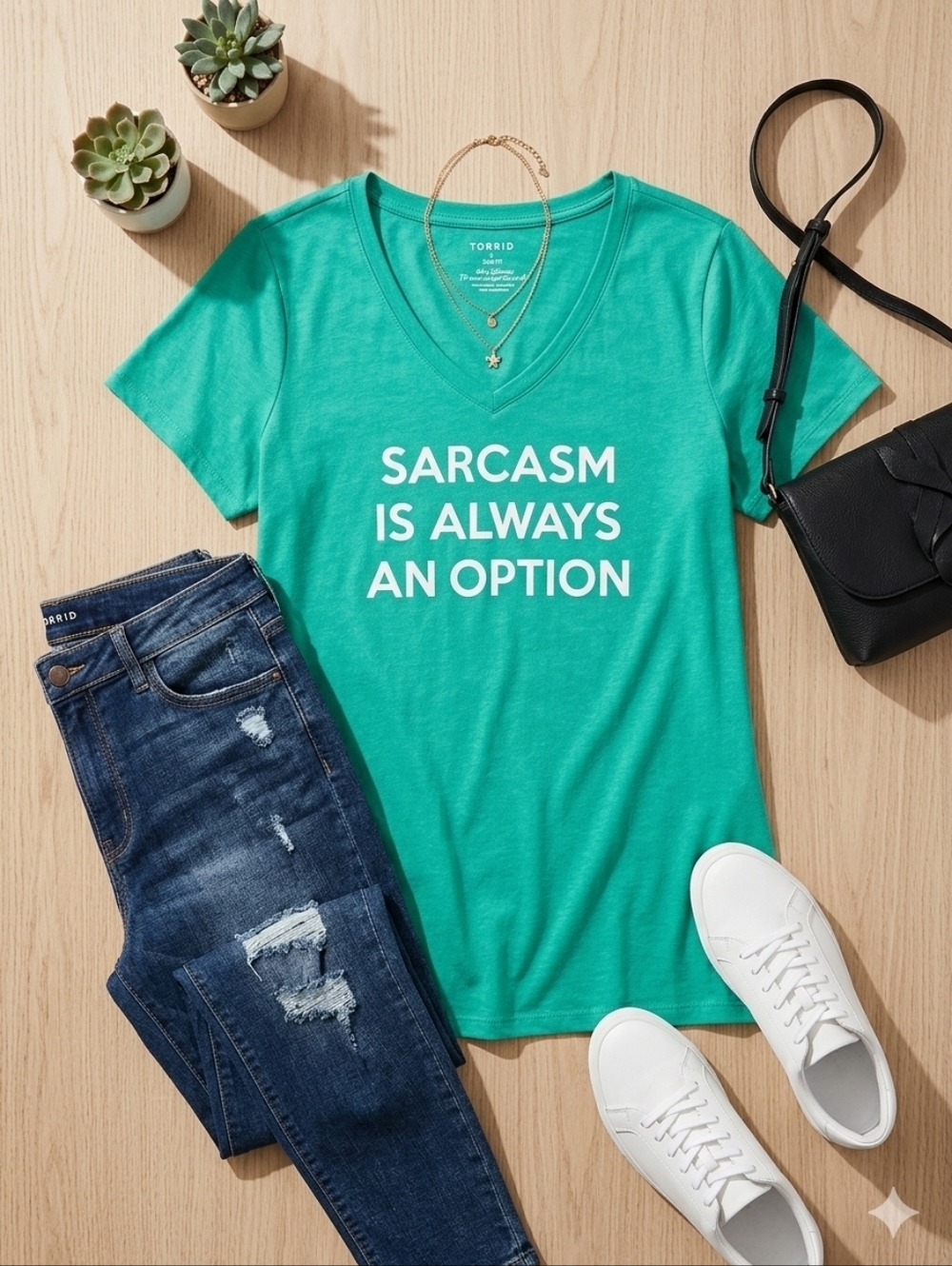 Torrid Size 2 2X Teal Green Sarcasm Slim Fit Graphic V-Neck Tee Cotton Soft Goth